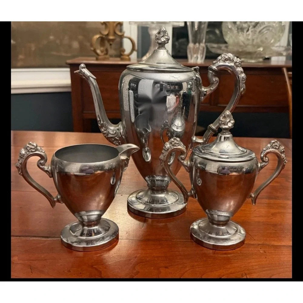 Vintage Cromwell Silver Mfg Corp Chromium 3 Pc Coffee Tea Set Teapot Art Deco